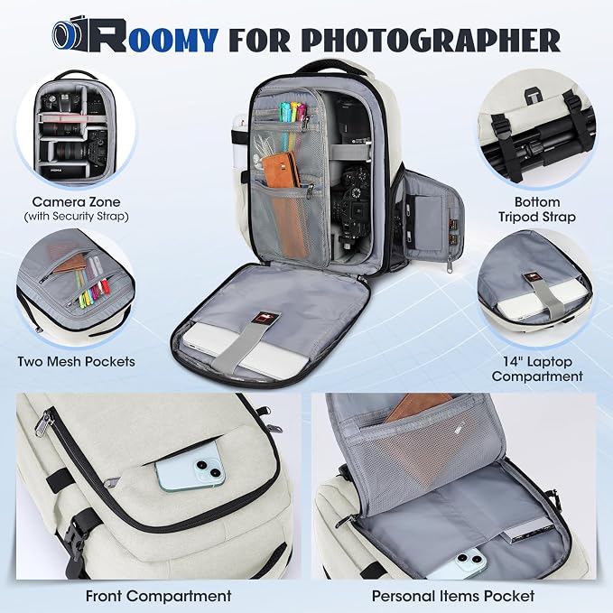 Camera Backpack Camera Bag for Photographers DSLR SLR Mirrorless Camera Cases with Waterproof Rain Cover & Laptop Compartment Fits 14 Inch Laptop,Anti Theft Travel photography backpack,Beige - Image 3