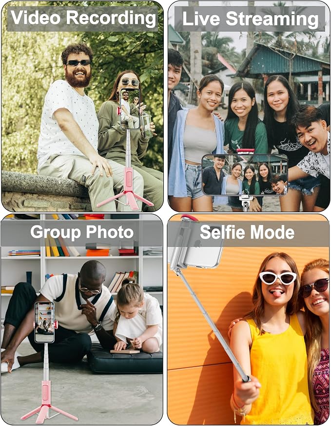 Selfie Stick, Foldable Cellphone Tripod with Remote, Travel Tripod for iPhone Series Android, Video Recording - Pink - Image 9