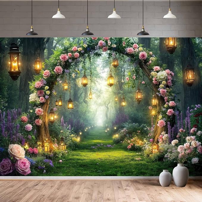 5x3ft Purple Flower Wedding Photography Backdrop Lavender Floral Enchanted Forest Fairytale Bridal Backdrop Anniversary Birthday Baby Shower Girl Party Banner Photo Booth Props Wonderland Background - Image 2