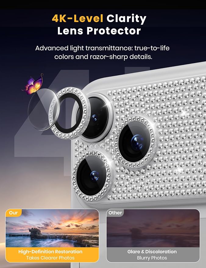 Hoerrye for iPhone 17 Pro Camera Lens Protector - Bling Diamond | Military Grade Protection, Keep Lens Original Design, 9H Tempered Glass Camera Cover Screen Protector - Image 7