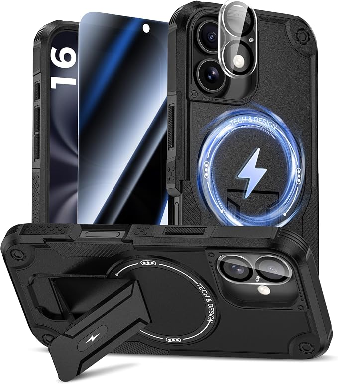 Goton 3 in 1 for iPhone 16 Case with Privacy Screen Protector Black | Glass Camera Lens Protector,Compatible for MagSafe,Invisible Kickstand, Shockproof Phone Cover for iPhone16 by Goton