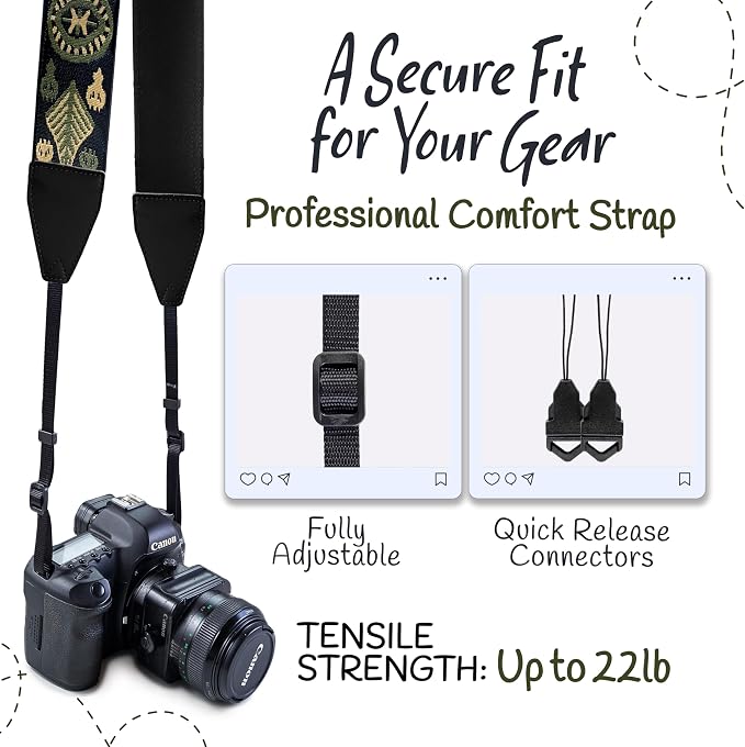 Art Tribute Camera Strap - Shoulder, Crossbody & Neck Camera Strap for Photographers, Fits All Cameras, Canon Nikon Sony Fujifilm, Padded Strap W/Quick Release, Embroidered Cotton & Leather Ends - Image 3