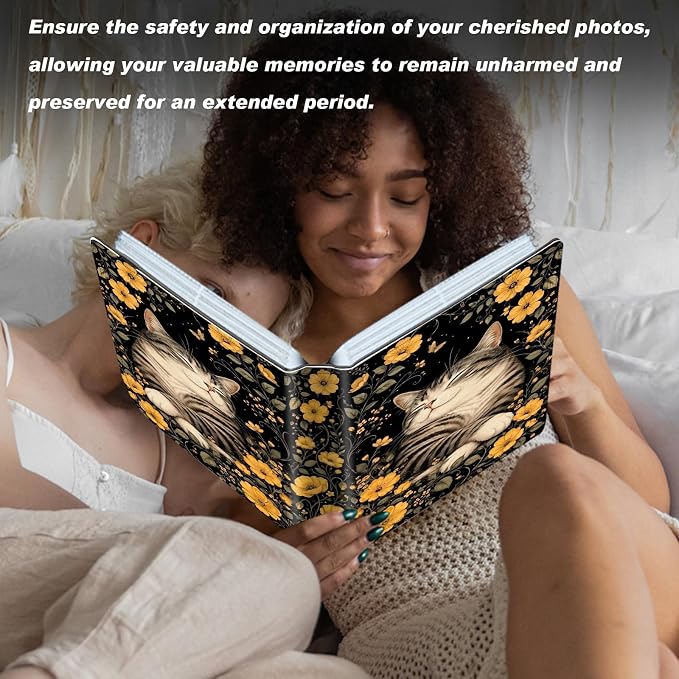 Small Photo Album 4x6, 60 Pockets Holds 120 Photos, Slip-in Pocket Photo Storage Book with Black Elastic Band for Family Wedding Baby Travel Pictures, Cute Tabby Cat Yellow Wildflower - Image 7