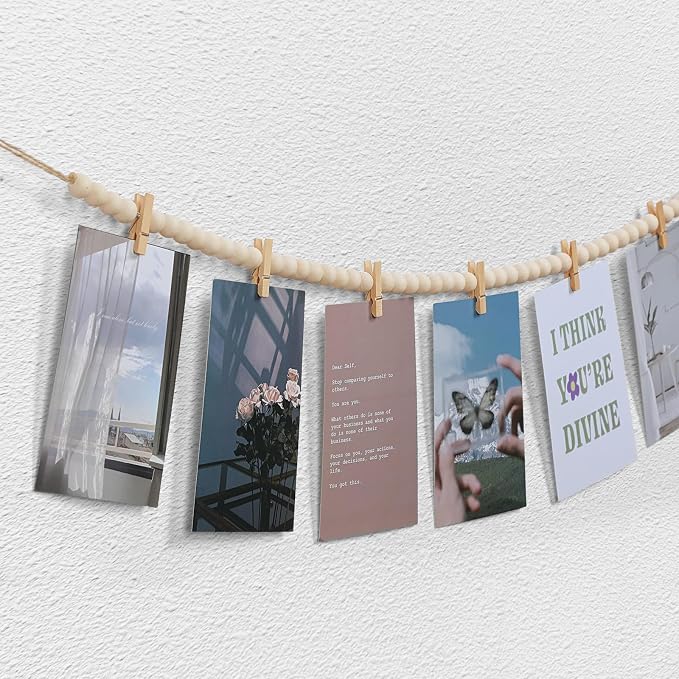 KLOGTSIND Hanging Photo Display with Clips, 3PCS Wood Bead Garland Banner | Photo String Banner with 10 Clips for Bedroom Room Dorm Cubicle, Picture Cards Artwork Display, Christmas Teen Girls Gifts - Image 3