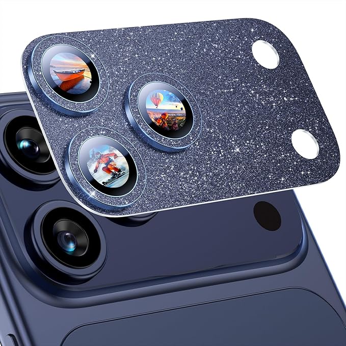 Uyiton for iPhone 17 Pro Max Camera Lens Protector, Metal Frame Glass Cover | Not Easy to Break, Strong Adsorption, Case-Friendly, Metal 9H Sapphire Glass Rear Camera Screen Cover, Glitter Blue by Uyiton