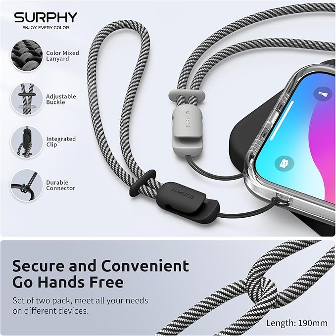 SURPHY 2 Pack Phone Lanyard, Phone Wrist Strap for Case, Camera Wrist Strap | Ultra-Light 2-Color Braided Phone Strap, Cellphone Charm Strap, Anti-Lost Wrist Lanyard for Women and Men, Black Gray - Image 4