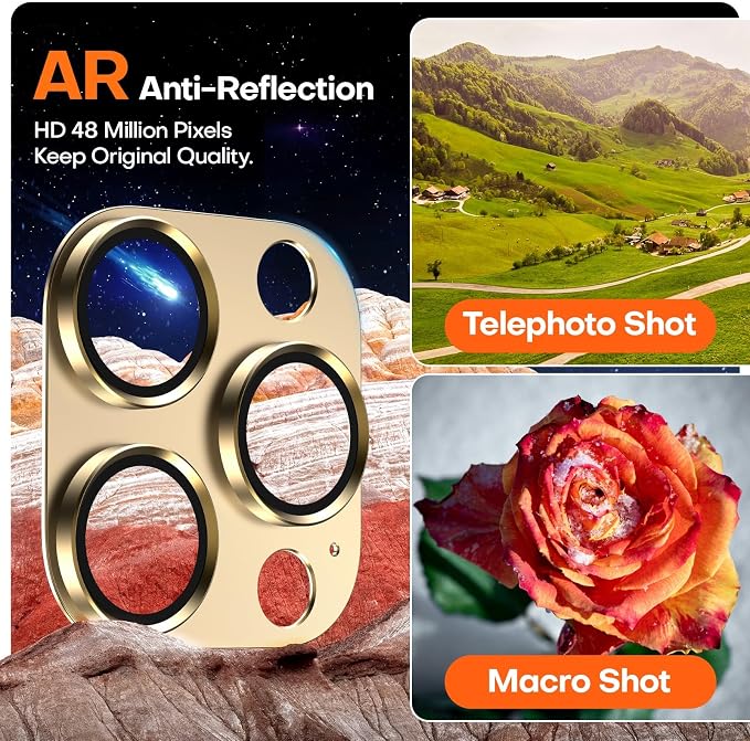 Camera Lens Protector for iPhone 16/15/14 Pro Max & 16/15/14 Pro | Gold, Aluminum Alloy, 9H+ Glass Camera Cover, Nano Reinforced Adhesive, Anti-Drop, Anti-Scratch, Case Friendly - Image 4