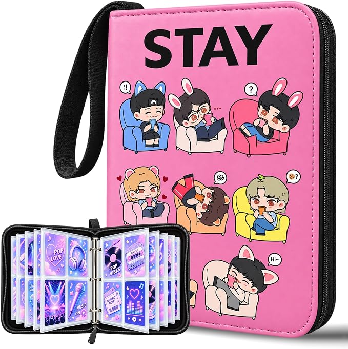 Cute Trading Photocard Binder, STAY Photo Album Cartoon Card Holder Book Storage 400 Cards with Sleeves for Lomo Cards Gift - Boys & Girls, idol Photo Protect (Pink, 4 Pockets) by Kefeikj