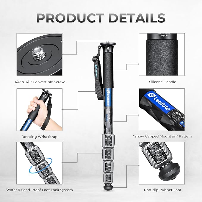 LEOFOTO Camera Monopod Carbon Fiber Portable Compact Lightweight Travel Monopod with Wrist Strap, Silicone Handle, Twist Locks, 5-Section up to 165cm, Max Load 15kg，Black(MPQ-325C) - Image 2