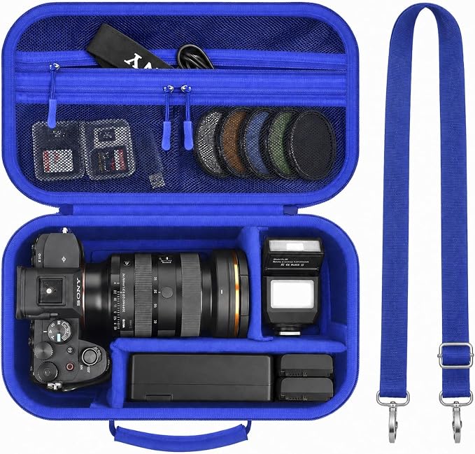 Camera Case for Canon EOS Rebel T7/R50/R100/for Sony a7iv/Mirrorless | EVA hard shell, Oxford fabric, 4 adjustable dividers and 3 mesh pockets for camera travel and home storage-Blue (Case Only) by Grapsa