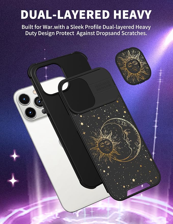(2in1 for iPhone 12 Pro Max Case Sun Moon Stars for Women Cute Space Phone Cover Fashion Golden Star Print Design with Slide Camera Cover Protective Case for iPhone 12 ProMax 6.7'' - Image 5
