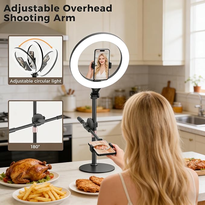11" Desk Ring Light,Wireless Bluetooth Ring Light with Stand & Phone Holder,Overhead Phone Mount for Video Recording,Tripod for Cooking Videos,Webcam Lamp/TikTok/YouTube,Compatible with iPhone Camera - Image 4