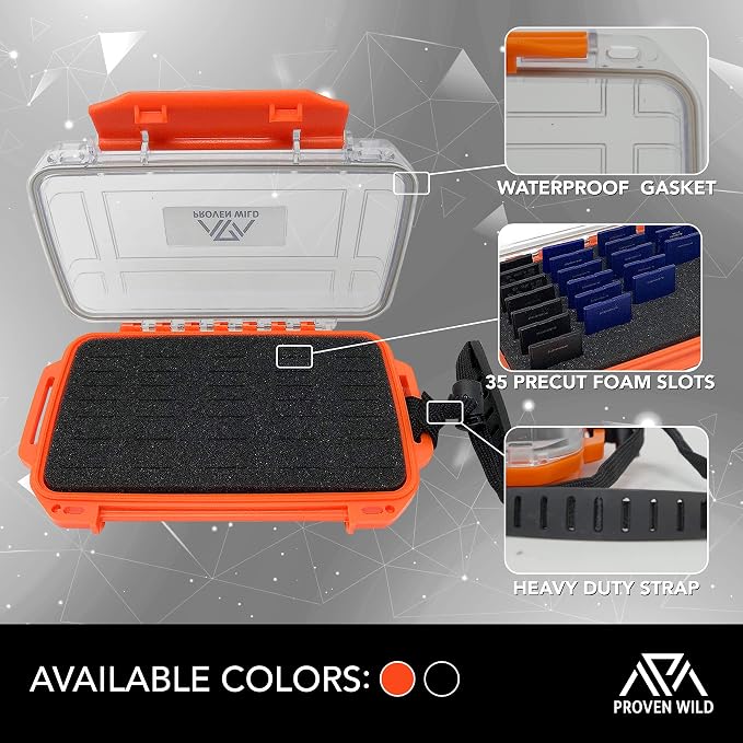 SD Card Holder by Proven Wild | Durable, Waterproof SD Card Case | SD Card Holder Case Holds 35 SD Cards Upright | Standard Memory Card Holder for DSLR & Trail Camera SD Cards, (Orange) - Image 2