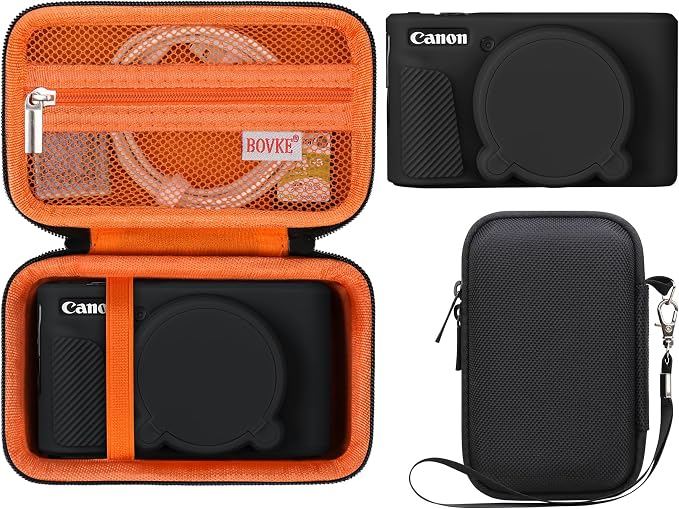 BOVKE Hard Case+Silicone Cover for Canon PowerShot SX740 HS Camera, Orange | SX740 SX730 Digital Camera Shockproof EVA Storage Bag & Soft Silicone Protective Case with Removable Lens Cover, Wrist Strap by BOVKE