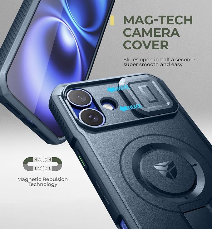 Dexnor for iPhone 16 Plus Case with Slide Camera Cover & Adjustable Kickstand, Magnetic Rugged Shockproof Bumper Cases Heavy-Duty Mangetic Protective Cover,Navy Blue - Image 4