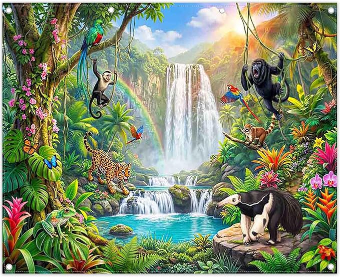 Fabric 10X8ft Rainforest Wild Animals Backdrop Jungle Safari Banner | Summer Tropical Scenery Waterfall Photography Background, School Event Party Decorations, Classroom Photo Props, Polyester by ZTHMOEBACKDROP