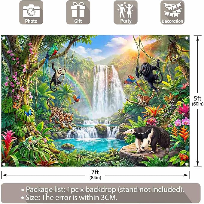 Fabric 7x5ft Rainforest Wild Animals Backdrop Jungle Safari Banner | Summer Tropical Scenery Waterfall Photography Background, School Event Party Decorations, Classroom Photo Props, Polyester - Image 3