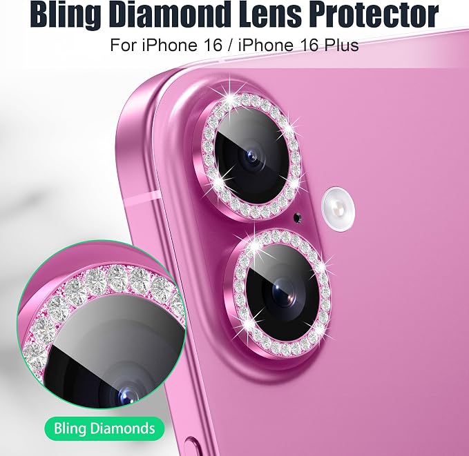 AGVEE 3+3 6 Pack for iPhone 16/16 Plus Camera Lens Protector Cover | Individual Bling Diamond & Bling Glitter Sparkle Cute Gem Metal Ring, 9H Tempered HD Glass - Image 4