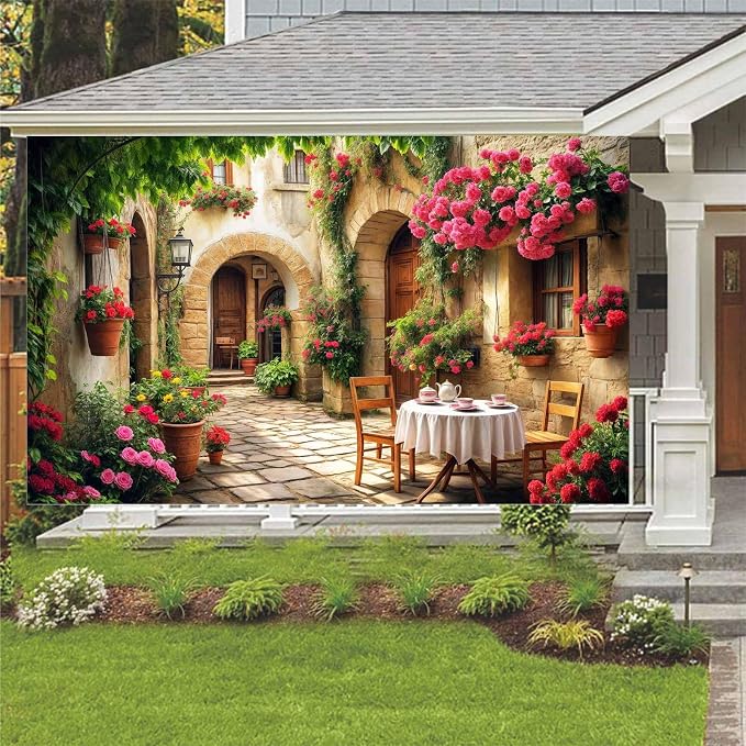 6X4ft Italian Theme Backdrop Italy Town Street Backdrop for Photography, Europe Village Town Landscape Photography Background Garden Tea Party Barnner Photo Studio Props, Color-3 - Image 2