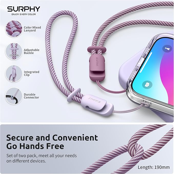 SURPHY 2 Pack Phone Lanyard, Phone Wrist Strap for Case, Camera Wrist Strap | Ultra-Light 2-Color Braided Phone Strap, Cellphone Charm Strap, Anti-Lost Wrist Lanyard for Women and Men,Lilac Lilac Purple - Image 4