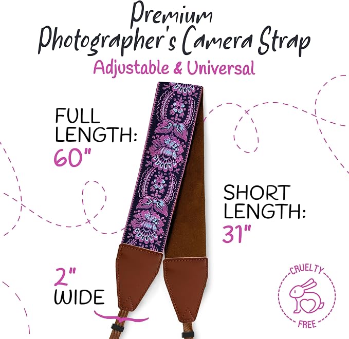 Art Tribute Camera Strap - Shoulder, Crossbody & Neck Camera Strap for Photographers, Fits All Cameras, Canon Nikon Sony Fujifilm, Padded Strap W/Quick Release, Embroidered Cotton & Leather Ends - Image 5