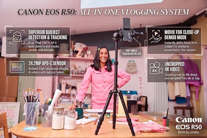 Canon EOS R50 Mirrorless Camera (Black) with RF-S 18-45mm F4.5-6.3 is STM Lens 5811C012 Bundle with Double Battery, Memory Card, Deluxe Case and Mini Tripod & Accessories - Image 2