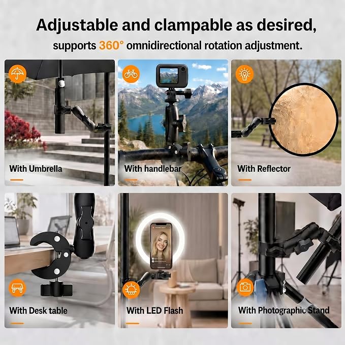 Double Super Clamp Mount 360° Adjustable Umbrella Tripod Mount | Camera Clamp for Photography Reflector Motorcycle Handlebar Umbrella Pole Holder Stand Bracket Flag Holder Light Stand Tripod - Image 3