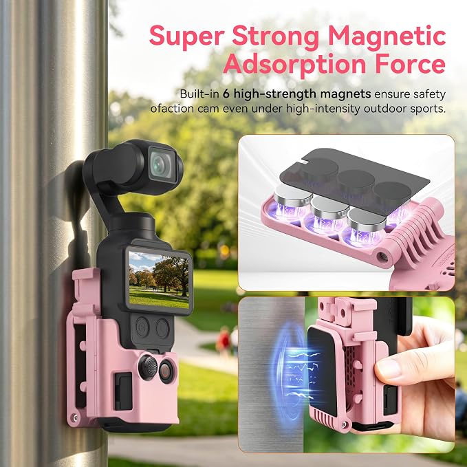 AMAZEAR Magnetic Mount Stand Compatible with DJI Osmo Pocket 4P/4/3/Xtra Muse, Pocket4 Accessories Adapter Clamp Magnet Suction Case Holder on Desktop/Vertical Surface, 180° Adjust Handle, Lightpink - Image 3