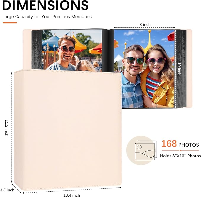 Aevdor 8x10 Photo Album, 168 Photos, Leather Cover, Beige | Large Capacity, Side-Loading Clear Pockets, Vertical 8x10 Layout, Black Inner Pages, Wedding, Travel, Baby & Family Memories - Image 2