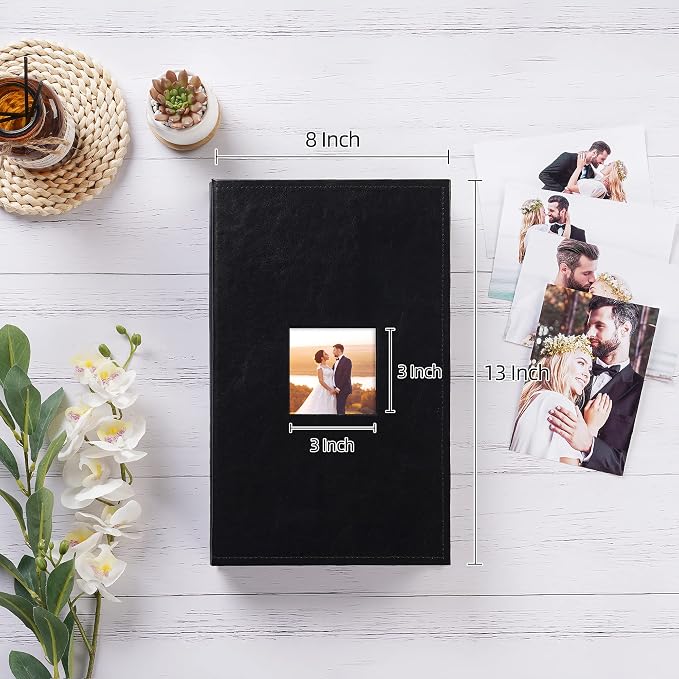 potricher Small Photo Album 4x6 300 Photos, Leather Cover, Black | Leather 4x6 Picture Album with 300 Horizontal Pockets, Photo Book for Family, Wedding, Anniversary, and Baby - Image 2