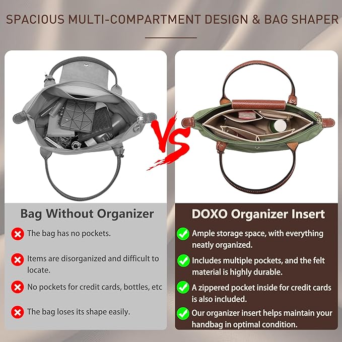 Doxo Purse Organizer Insert for Longchamp Le Pliage Tote, Large Bag Organizer with YKK Zipper Pocket & Cup Holder, Handbag Shaper for Women, Fits Original/Green/Energy L Tote, Black-WL - Image 5