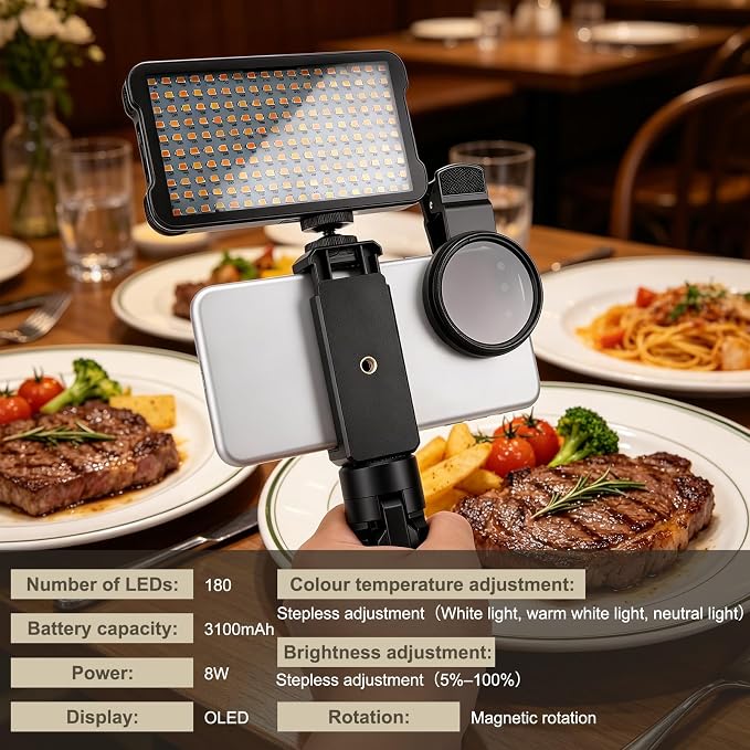 180 LED Tattoo Light Kit with 52mm CPL Filter Lens, Adjust Brightness & Removing Reflective, Panel Light for Smartphones and Cameras, for Food Photography - Image 3