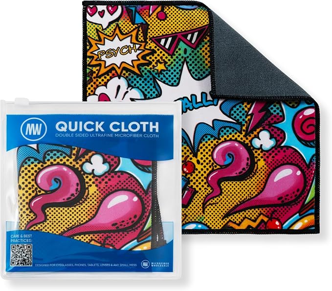 Microfiber Wholesale Quick Cloth Glasses Cleaning Cloths–8x8 Popart 1-Pack | with Case | Double-Sided Lens Cleaner for Eyeglasses, Camera, Screens & Glass | Reusable Microfiber Glass Polishing Cloths by MicrofiberWholesale