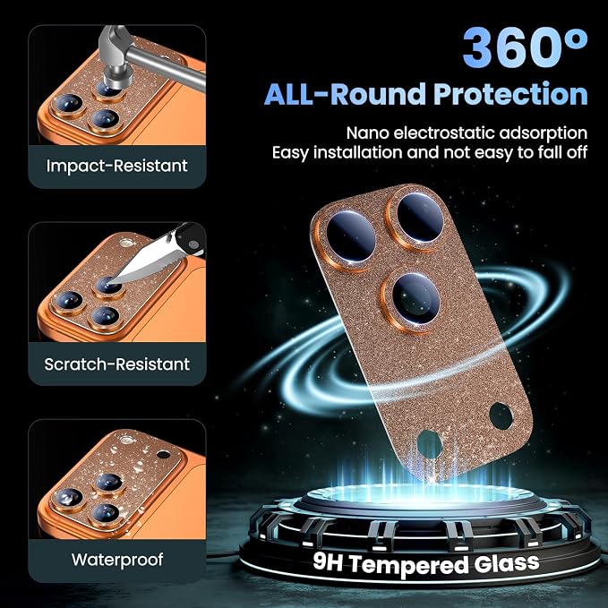 Uyiton for iPhone 17 Pro Max Camera Lens Protector, Metal Frame Glass Cover | Not Easy to Break, Strong Adsorption, Case-Friendly, Metal 9H Sapphire Glass Rear Camera Screen Cover, Glitter Orange - Image 2
