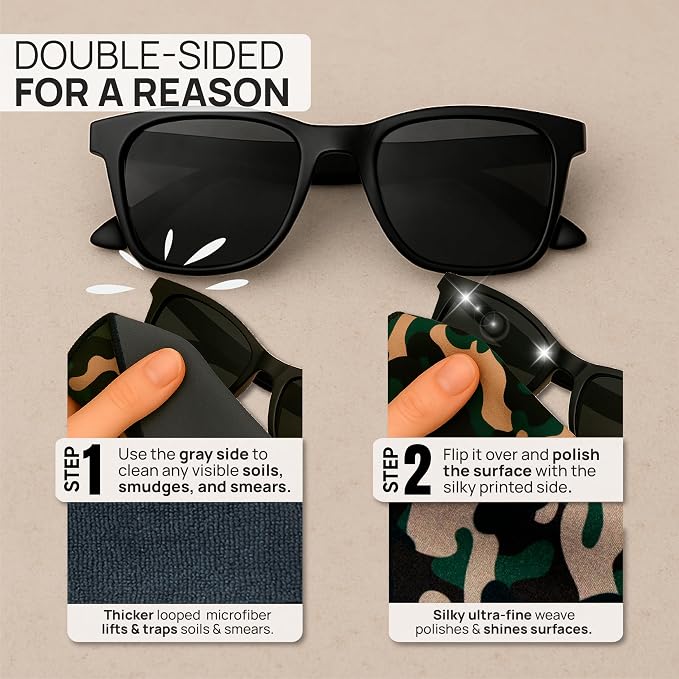 Microfiber Wholesale Quick Cloth Glasses Cleaning Cloths – 5x7 Camo 2-Pack | with Case | Double-Sided Lens Cleaner for Eyeglasses, Camera, Screens & Glass | Reusable Microfiber Glass Polishing Cloths - Image 3