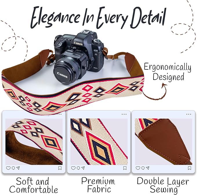 Art Tribute Camera Strap - Shoulder, Crossbody & Neck Camera Strap for Photographers, Fits All Cameras, Canon Nikon Sony Fujifilm, Padded Strap W/Quick Release, Embroidered Cotton & Leather Ends - Image 3