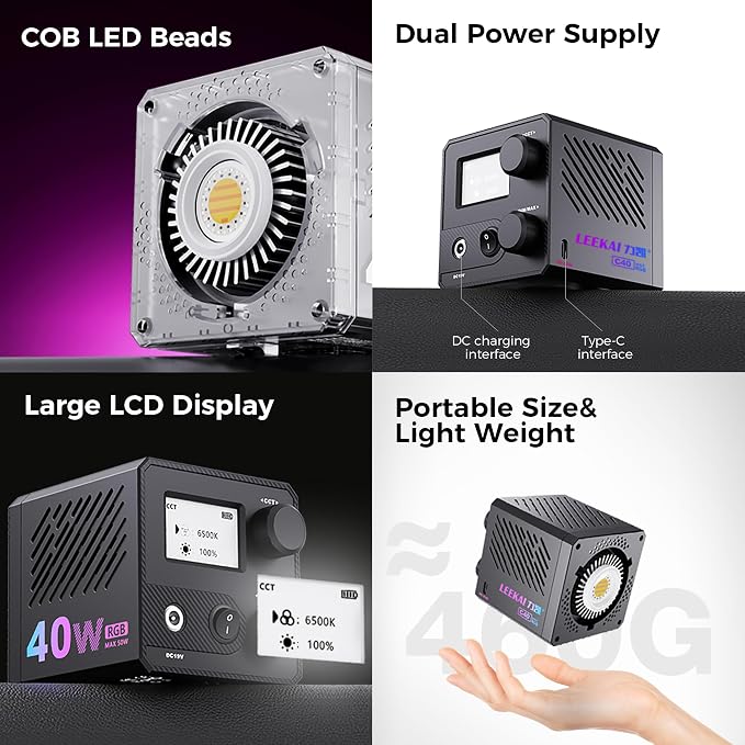 40W RGB Video Light, Rechargeable COB Continuous Output Lighting | LEEKAI C40 Handheld Spotlight 1-125% Brightness CRI≥95 2500K-6500K 12800mAh for Video Vlog Live Streaming Photography - Image 7