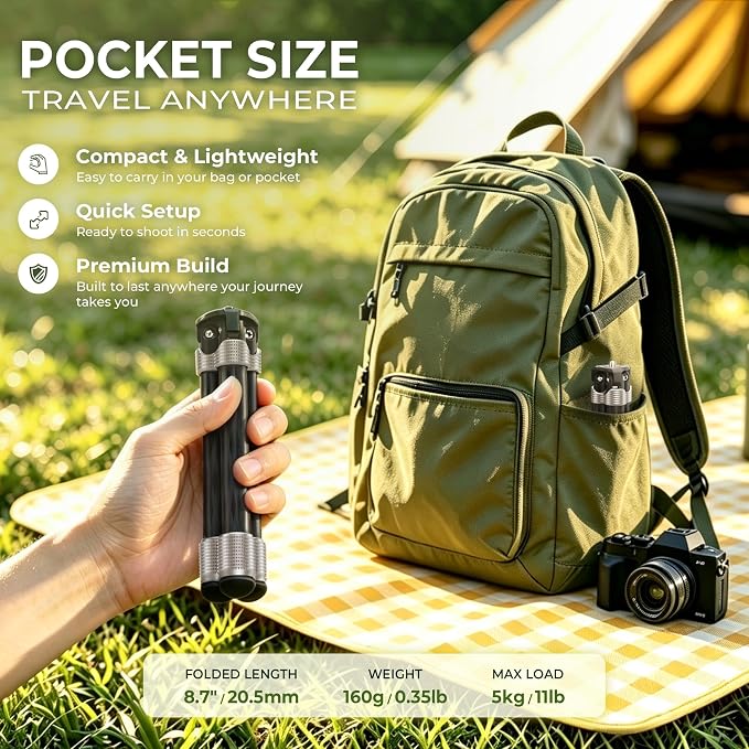 LEOFOTO Carbon Fiber Small Tabletop Travel Tripod, Weight 160g/0.35lb, Maxload 5kg/11lb, Lightweight Tripod Stand, 1/4" Inch Screw, for Camera/Phone Holder/Projector, MT-02C Long Version (MT-02CL) - Image 7