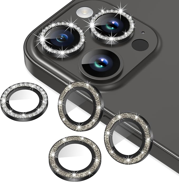 AGVEE 3+3 6 Pack for iPhone 15 Pro & Max Camera Lens Protector Cover | Individual Bling Diamond & Bling Glitter Sparkle Cute Gem Metal Ring, 9H Tempered HD Glass by AGVEE