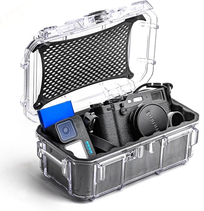 Evergreen Dry Box Tech Organizer – For Camera, Cables, Hard Drives, Memory Cards, Keys, Compatible with GoPro, Airtags (Large, Rubber Boot, Clear) by EvergreenCases