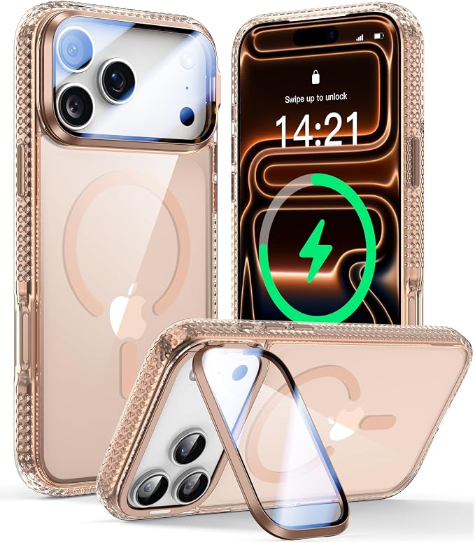 VOFATA [Upgraded Full Camera Protection] for iPhone 17 Pro Max Case with Camera Cover Stand [Fit for MagSafe][10FT Mil-Grade Protection] Transparent Magnetic iPhone 17 Pro Max Phone Case, Clear Gold by VOFATA