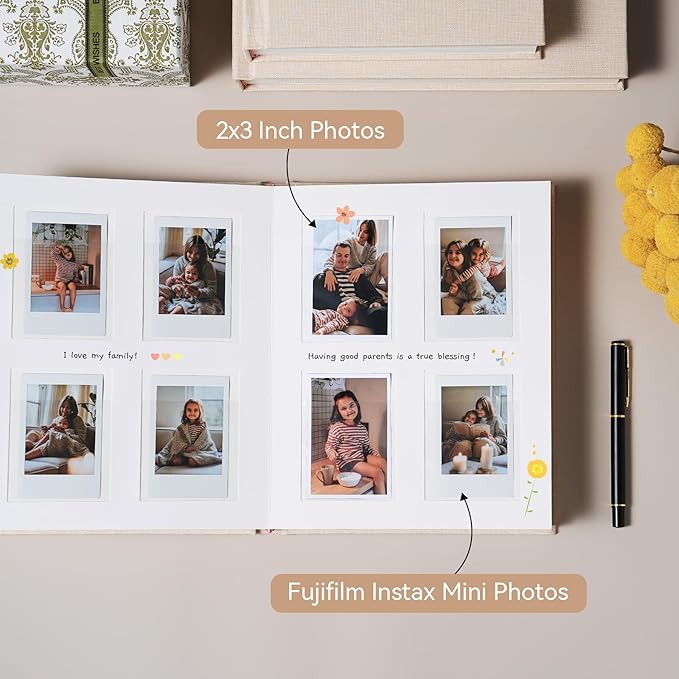 Instax Mini Photo Album with Writing Space, Linen Cover, Green | Compatible with 2x3 inch & Polaroid Pictures, 112 Recessed Clear Pockets, Wedding Guest Book and Family Memories - Image 3