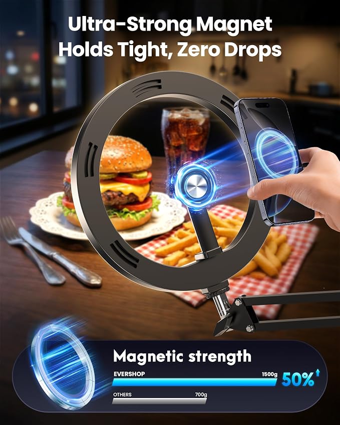 Magnetic Ring Light with Stand Tripod for iPhone – Evershop 10” Overhead Camera Mount, 70.8” Tall Adjustable Selfie Light with Phone Holder for Video Recording, Photography, Streaming - Image 2