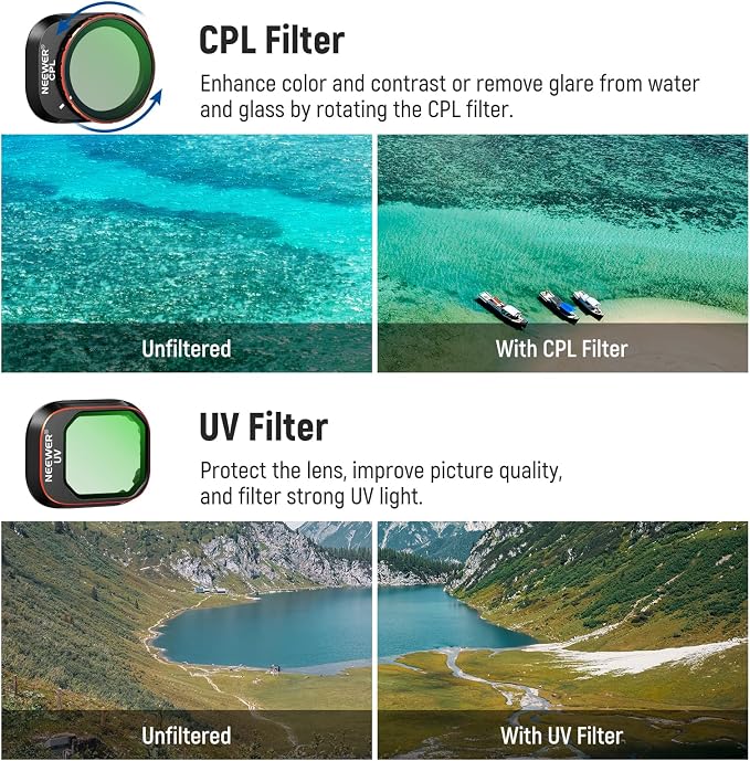 NEEWER Variable ND Filter Set Compatible with DJI Mini 4 Pro, 4 Pack ND2-ND32 (1-5 Stops)/ND64-ND512 (6-9 Stops) Limited VND/CPL/UV Filter, Multi Coated HD Optical Glass/Aluminum Frame - Image 4