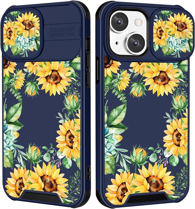 (2in1 for iPhone 15 Case Sunflower Floral for Women Cute Phone Cover Girly Pretty Blue Sun Flowers Unique Teen Design with Slide Camera Cover Protective Stand Holder for iPhone 15 Cases 6.1'' by Goocrux