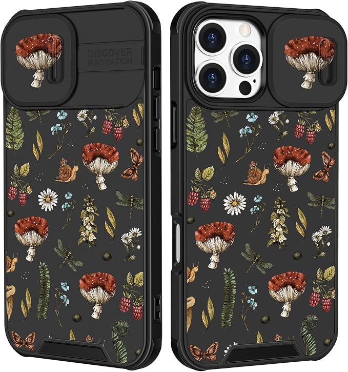 for iPhone 16 Pro Case - Women Cute Phone Cover Girly Pretty Fancy Unique Aesthetic Design Slide Camera Cover Protective Case for Apple for iPhone 16 Pro,Mushroom Floral by Goocrux
