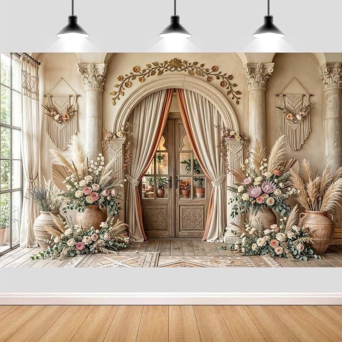 15X10ft Boho Floral Wedding Backdrop Retro Elegant Flowers Wall Photography Background Beige Vintage Wedding Bridal Shower Mother's Day Event Party Home Art Decor Portrait Photoshoot Props by JAWO