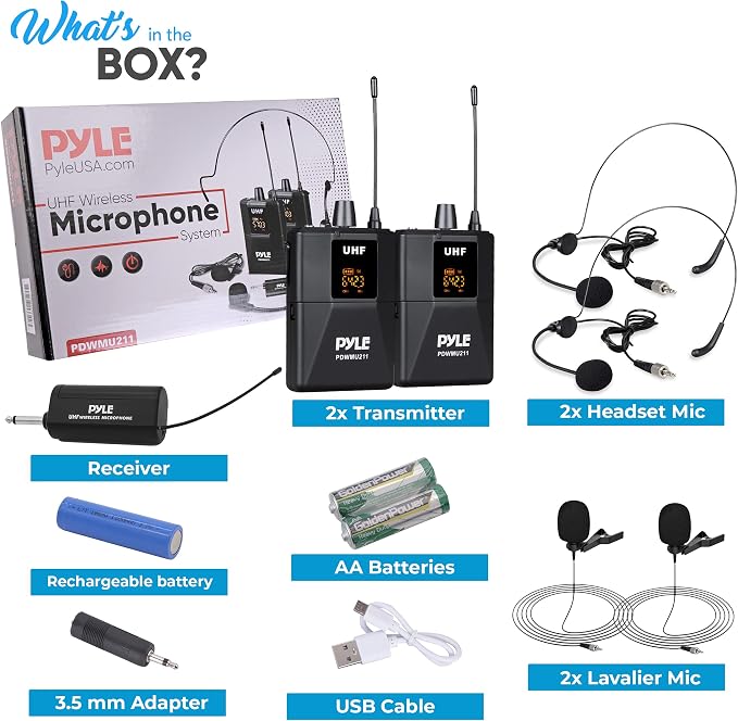Pyle Dual UHF Microphone System - Portable Professional Cordless Microphone Set Wireless Mic Kit w/Headset / Lavalier Mic, Beltpack Transmitter, Receiver - Karaoke & Conference - Pyle PDWMU211,Black - Image 7