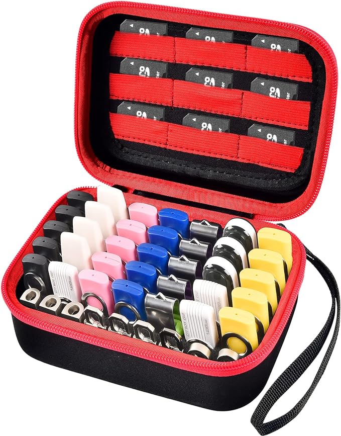 Comecase USB Flash Drive Case, Holds 44 USB Drives and 9 SD Cards | Pre-Cut Foam Fits Mixed Drive Sizes Flash Drive; EVA Shell Protects Data on the Go, Black+Red Zipper, Large, Case Only by COMECASE