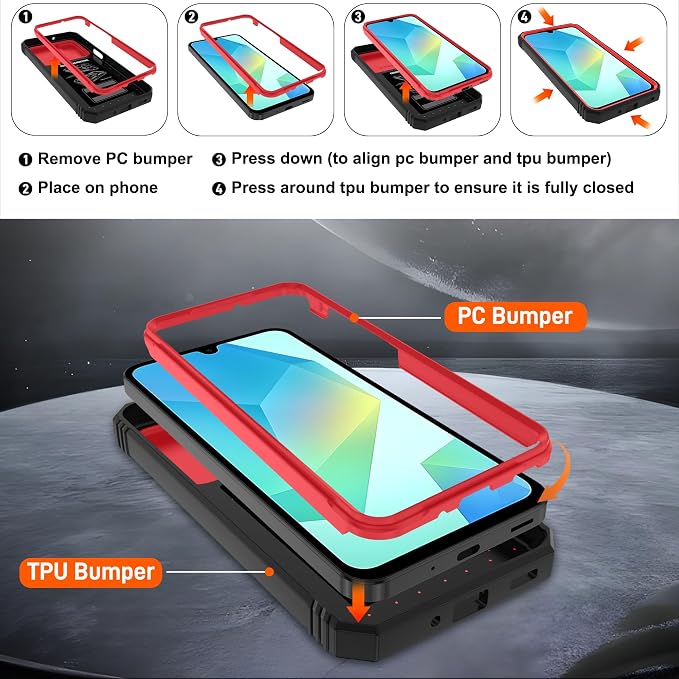 for Samsung Galaxy A06 Phone Case with 2PCS Screen Protector, Galaxy A06 Case Build in 360° Rotating Ring Kickstand, Military Grade Protective Case for Samsung A06 Phone, Red+Black - Image 3